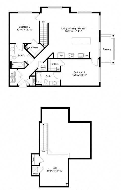 Floor plan for 2 beds, 2 baths, 1403 sqft